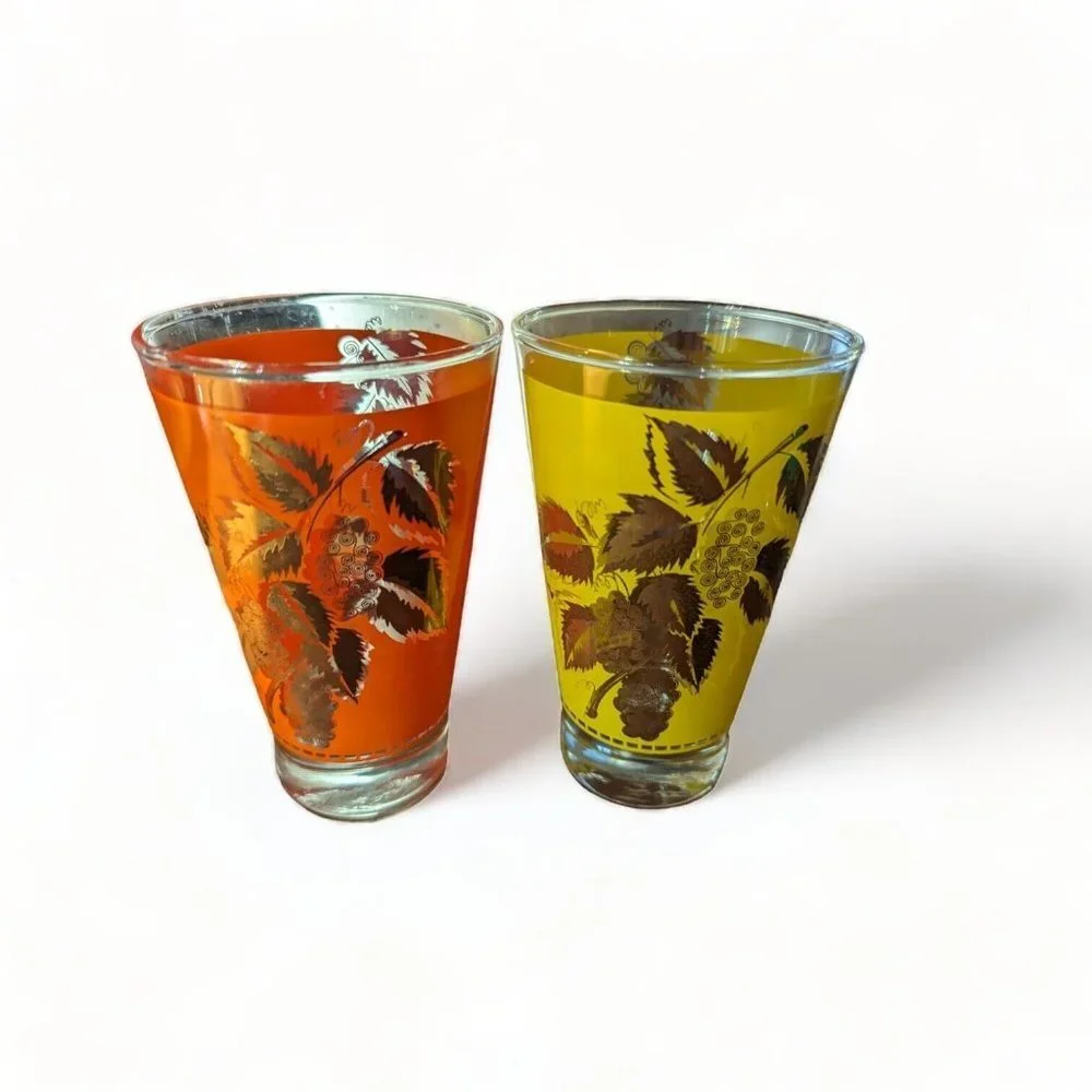 Vintage 2 MCM Frosted Orange and Yellow Glasses Gold Leaves Grapes